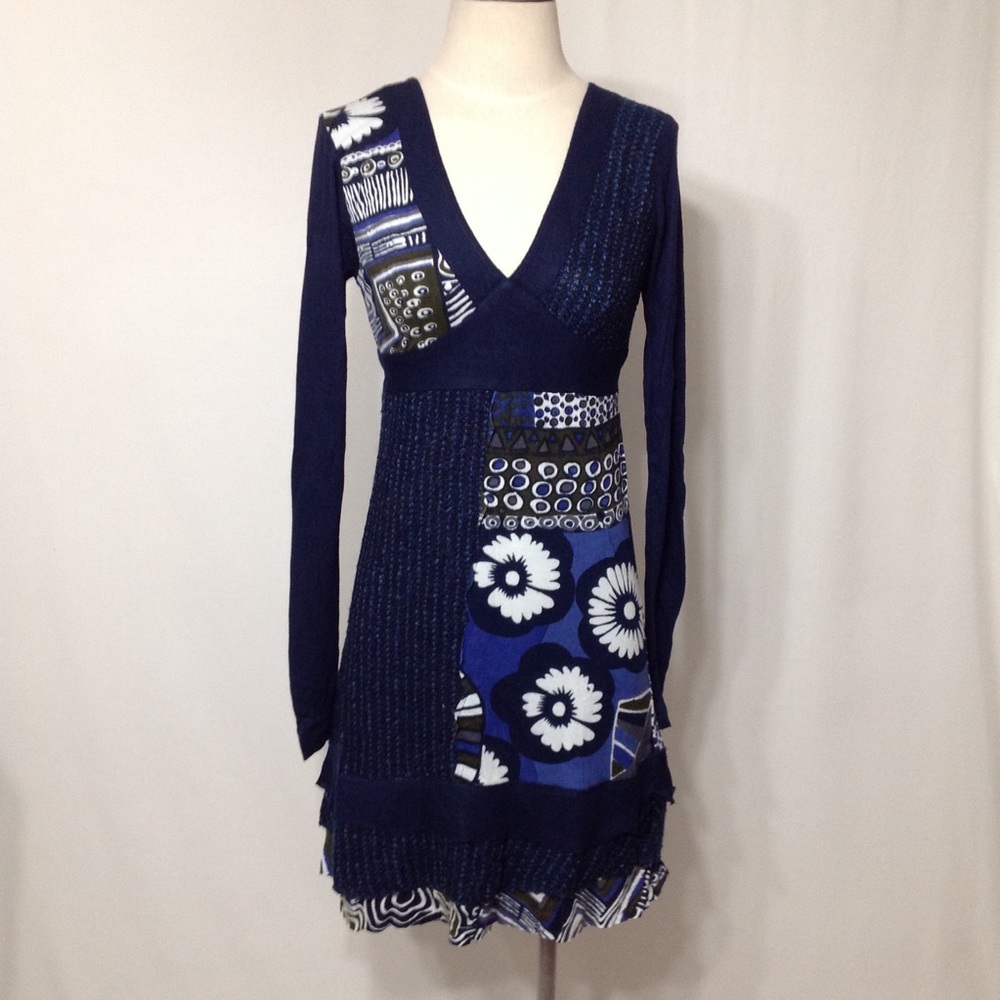 Just Funky L/Sleeve V-neck Mix-Media Print Dress